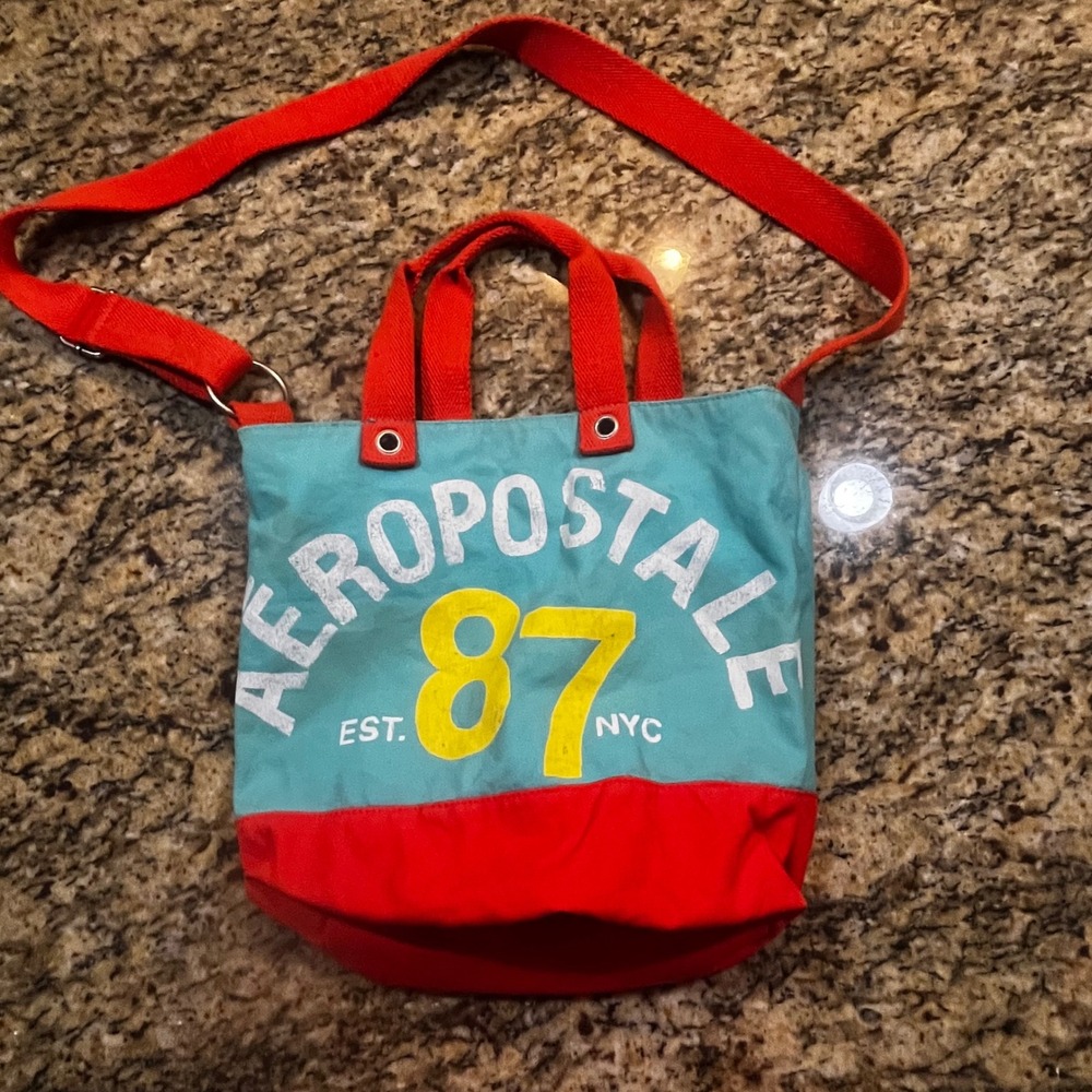 Aeropostale 87 Canvas Tote Bag Teal Red Colorblock Crossbody Messenger Tote‎ Bag